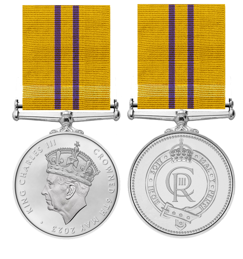 King Charles III Coronation Medal, obverse and reverse, shown on yellow and purple ribbon