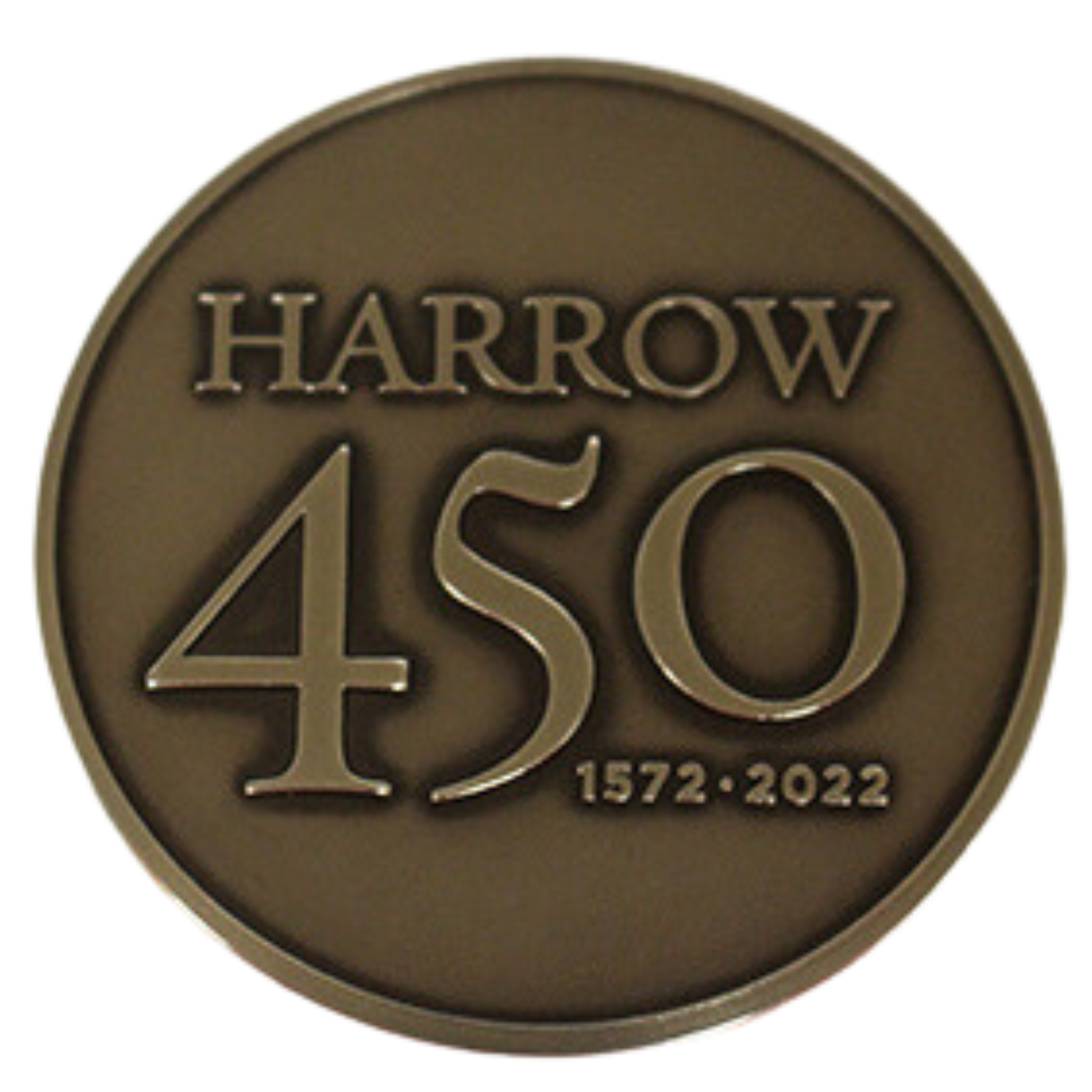 Harrow 450 - circular medal, featuring the words 'Harrow 450 1572-2022
